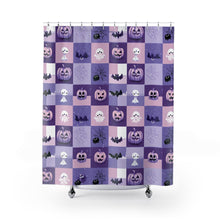 Load image into Gallery viewer, Purple Halloween Patchwork bats ghosts moon shower curtain
