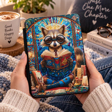 Load image into Gallery viewer, Reading Raccoon Stained Glass Kindle Case , Book Lover Sleeve, Raccon Art, Book Lover Gift For Christmas, Kindle Skin, Animal Kindle

