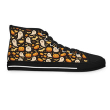 Load image into Gallery viewer, Halloween High Top Sneakers – Pumpkin, Witch &amp; Cat Print
