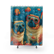 Load image into Gallery viewer, Fawn Pug Snorkel Duo Shower Curtain , Underwater Pugs, Fish &amp; Bubbles
