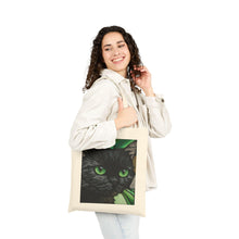 Load image into Gallery viewer, Green-Eyed Black Cat Tote Bag | Cat Portrait, Botanical Background
