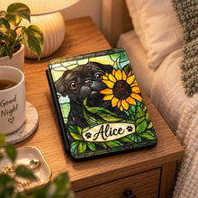 Load image into Gallery viewer, Personalized Black Pug with Sunflower Kindle Case , Stained Glass Dog Design, Book Lover Gift, Animal Kindle
