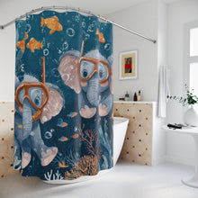 Load image into Gallery viewer, Snorkeling Elephants Shower Curtain | Cute Underwater Elephant Scene
