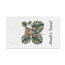 Load image into Gallery viewer, Baby Leopard with Monstera Leaves Hand Towel | Personalized Name Towel

