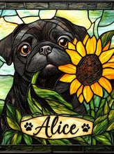 Load image into Gallery viewer, Personalized Black Pug with Sunflower Kindle Case , Stained Glass Dog Design, Book Lover Gift, Animal Kindle
