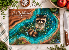 Load image into Gallery viewer, Cute Raccoon Forest Art Glass Cutting Board | Personalized Name Option

