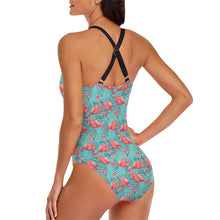 Load image into Gallery viewer, Pink Flamingo Turquoise One Piece Swimsuit
