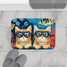 Load image into Gallery viewer, Underwater Cats with Goggles Bath Mat | Cute Kittens Scuba Ocean Coral
