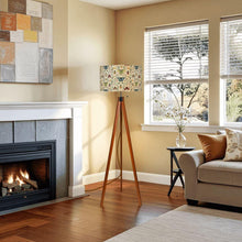 Load image into Gallery viewer, Cream Botanical Tripod Floor Lamp, Butterfly Moth Linen Shade, Wooden Base
