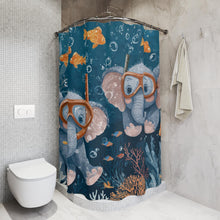 Load image into Gallery viewer, Snorkeling Elephants Shower Curtain | Cute Underwater Elephant Scene
