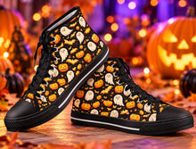 Load image into Gallery viewer, Halloween High Top Sneakers – Pumpkin, Witch &amp; Cat Print
