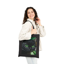 Load image into Gallery viewer, Green-Eyed Black Cat Tote Bag | Cat Portrait, Botanical Background

