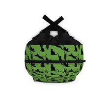 Load image into Gallery viewer, Black Cat Silhouette Green Backpack, Personalized Feline Pattern Laptop Rucksack, Sporty Kitten Poses Daypack, Animal Lover Birthday Gift
