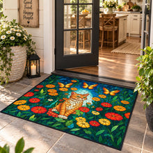 Load image into Gallery viewer, Stained Glass Orange Tabby Cat Outdoor Rug , Floral Butterflies Doormat,Personalized Rug for Home
