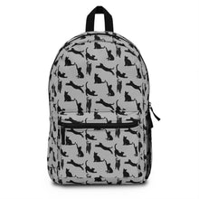 Load image into Gallery viewer, Black Cat Silhouette Gray Backpack, Personalized Monochrome Feline Rucksack,Student Kitten Pattern Daypack, Back To School Animal Lover Gift
