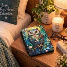 Load image into Gallery viewer, Personalized Stained Glass Owl Kindle Case , Illustrated Owl E-Reader Cover. Book Lover Gift
