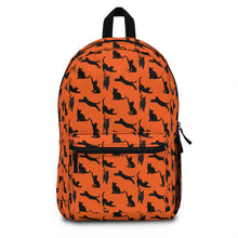 Load image into Gallery viewer, Black Cat Silhouette Orange Backpack, Personalized Vibrant Feline Laptop Rucksack, Bold Kitten Pattern Daypack, Animal Lover Birthday Gift
