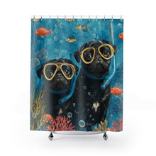 Load image into Gallery viewer, Scuba Diving Pug Shower Curtain, Funny Black Pug Bathroom Decor, Pug Lover Gift, Ocean Bathroom Decor, Pug Mom Gift, Dog Lover Bathroom
