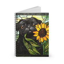 Load image into Gallery viewer, Black Pug Sunflower Stained Glass Style Spiral Notebook
