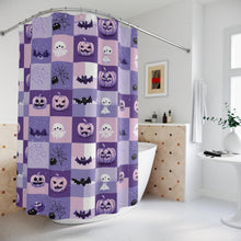 Load image into Gallery viewer, Purple Halloween Patchwork bats ghosts moon shower curtain
