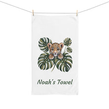 Load image into Gallery viewer, Baby Leopard with Monstera Leaves Hand Towel | Personalized Name Towel
