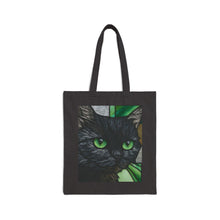 Load image into Gallery viewer, Green-Eyed Black Cat Tote Bag | Cat Portrait, Botanical Background
