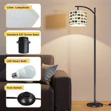 Load image into Gallery viewer, Cat Print Floor Lamp: Black Metal Arch, Dimmable LED, Linen Shade, Housewarming gift for new home, Gift for animal lovers,Christmas gift
