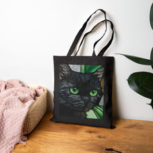 Load image into Gallery viewer, Green-Eyed Black Cat Tote Bag | Cat Portrait, Botanical Background
