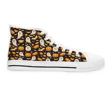 Load image into Gallery viewer, Halloween High Top Sneakers – Pumpkin, Witch &amp; Cat Print
