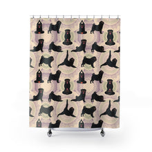 Load image into Gallery viewer, Black Pug Yoga Shower Curtain, Funny Pug Bathroom Decor, Gift for Pug Lover, Pug Mom Gift, Dog Lover Bathroom
