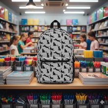 Load image into Gallery viewer, Black Cat Silhouette Gray Backpack, Personalized Monochrome Feline Rucksack,Student Kitten Pattern Daypack, Back To School Animal Lover Gift
