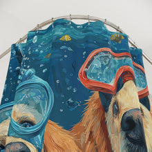 Load image into Gallery viewer, Diving Golden Retrievers Shower Curtain | Underwater Snorkel Dogs
