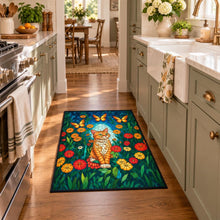 Load image into Gallery viewer, Stained Glass Orange Tabby Cat Outdoor Rug , Floral Butterflies Doormat,Personalized Rug for Home
