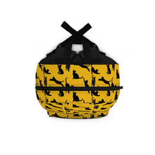 Load image into Gallery viewer, Black Cat Silhouette Yellow Backpack, Personalized Feline Pattern Rucksack, Whimsical Kitten Polyester Daypack, Animal Lover Birthday Gift
