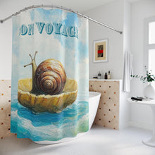 Load image into Gallery viewer, Nautical Shower Curtain: Bon Voyage Snail Design - Coastal Bathroom Decor
