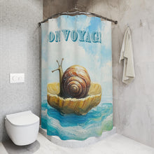 Load image into Gallery viewer, Nautical Shower Curtain: Bon Voyage Snail Design - Coastal Bathroom Decor
