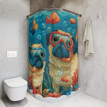 Load image into Gallery viewer, Fawn Pug Snorkel Duo Shower Curtain , Underwater Pugs, Fish &amp; Bubbles
